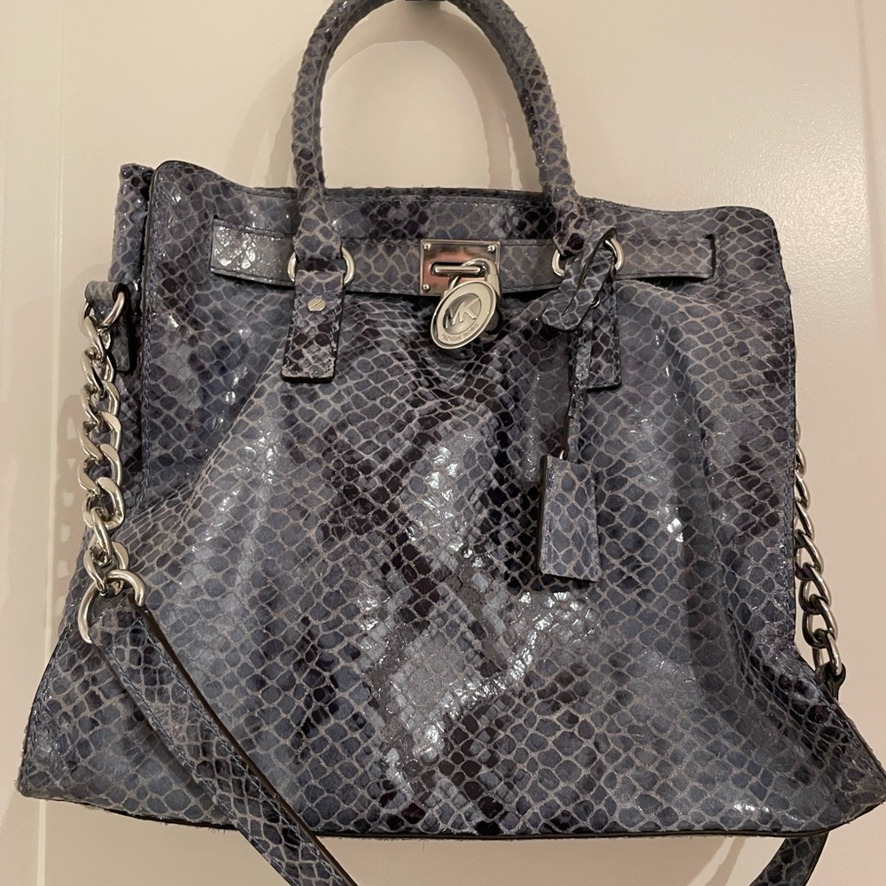 Blue/Grey Michael Kors Hamilton Blue Leather Snakeskin Satchel